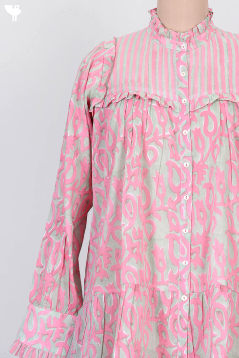 Mulmul Cotton Frilly Top In Striped Block Print